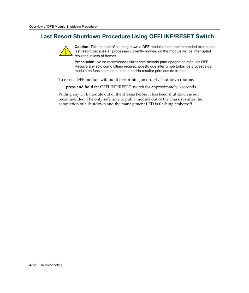 Last resort shutdown, Procedure using offline/reset switch | Enterasys Networks Enterasys Platinum Distributed Forwarding Engine 7G4285-49 User Manual | Page 70 / 96