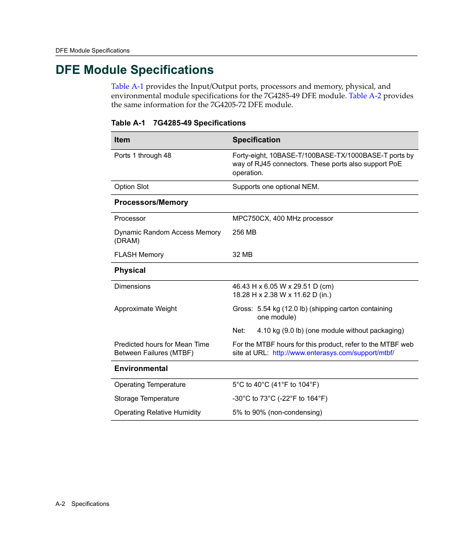 Dfe module specifications | Enterasys Networks Enterasys Platinum Distributed Forwarding Engine 7G4285-49 User Manual | Page 72 / 96