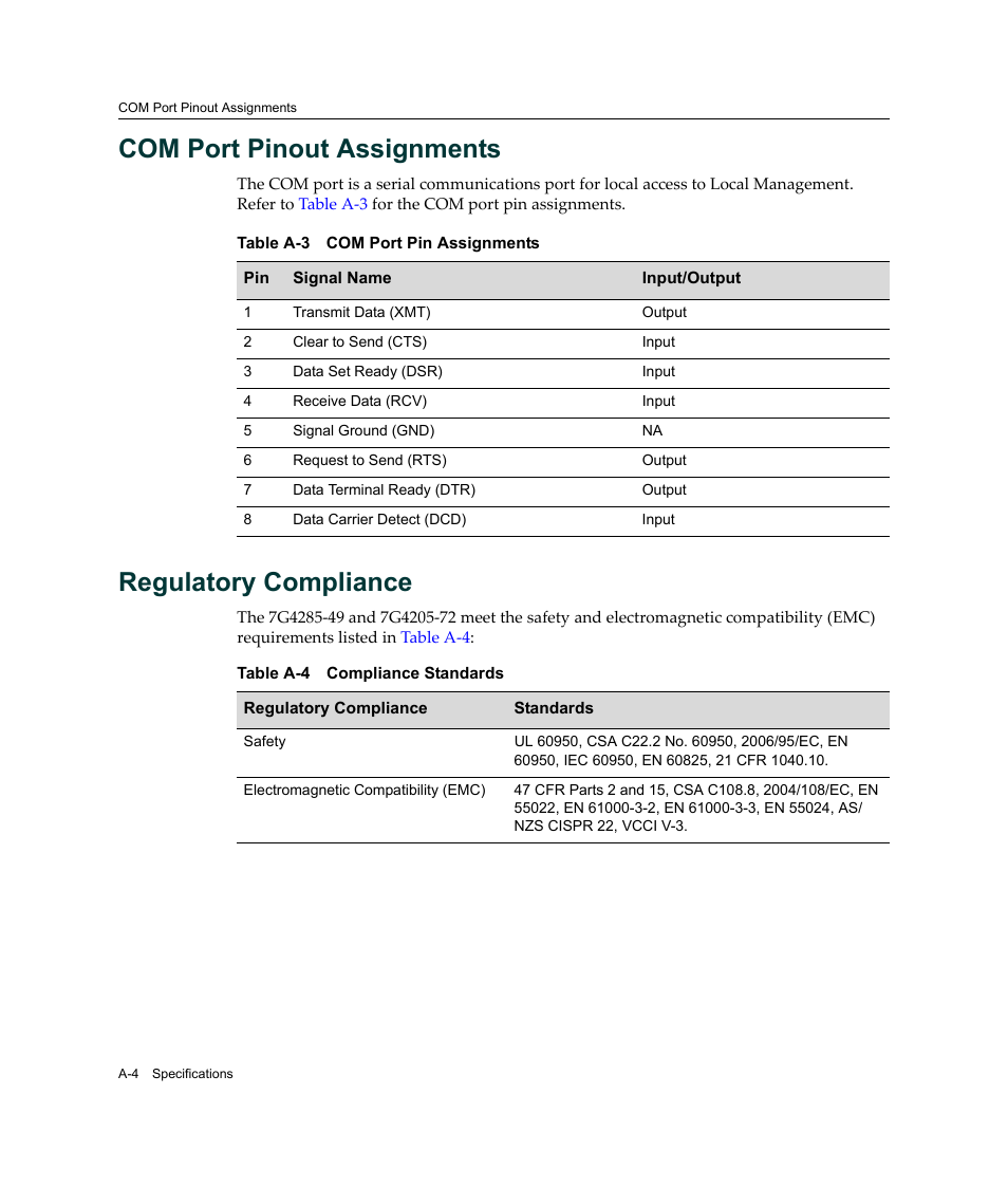 Com port pinout assignments, Regulatory compliance | Enterasys Networks Enterasys Platinum Distributed Forwarding Engine 7G4285-49 User Manual | Page 74 / 96