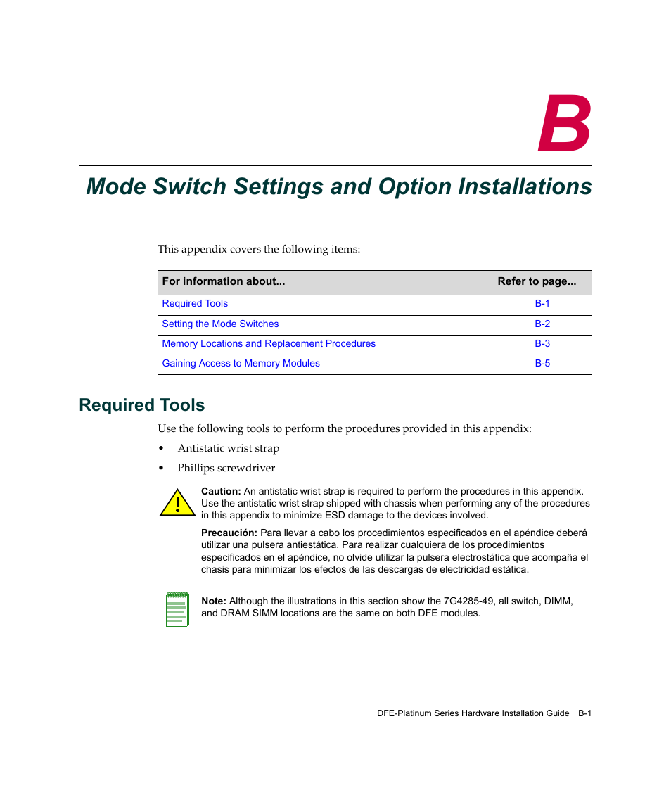 Mode switch settings and option installations, Required tools, Mode switch settings and | Option installations | Enterasys Networks Enterasys Platinum Distributed Forwarding Engine 7G4285-49 User Manual | Page 75 / 96