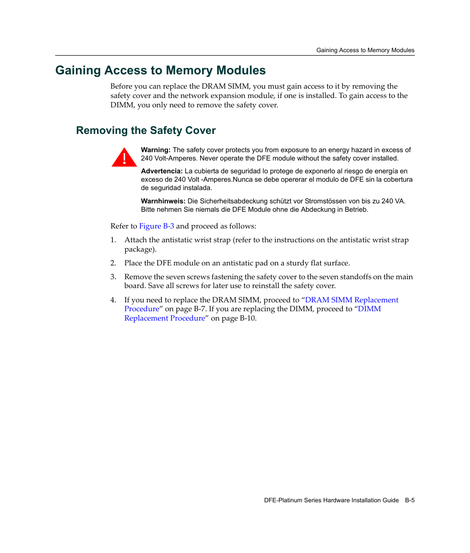 Gaining access to memory modules, Removing the safety cover | Enterasys Networks Enterasys Platinum Distributed Forwarding Engine 7G4285-49 User Manual | Page 79 / 96