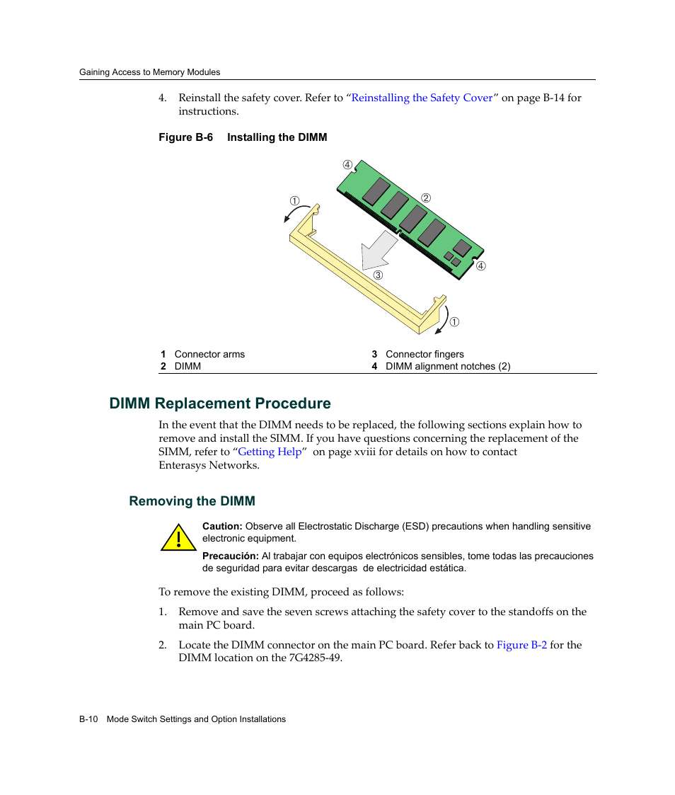 Dimm replacement procedure, Dimm, Replacement procedure | Figure b‐6 | Enterasys Networks Enterasys Platinum Distributed Forwarding Engine 7G4285-49 User Manual | Page 84 / 96