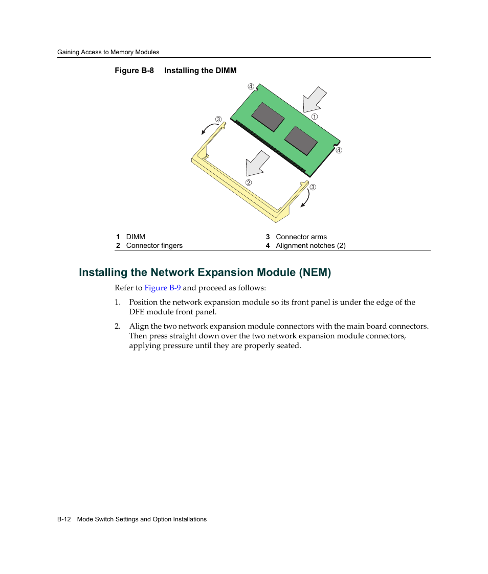 Installing the network expansion module (nem), Installing the network expansion, Module (nem) | Figure b‐8 | Enterasys Networks Enterasys Platinum Distributed Forwarding Engine 7G4285-49 User Manual | Page 86 / 96