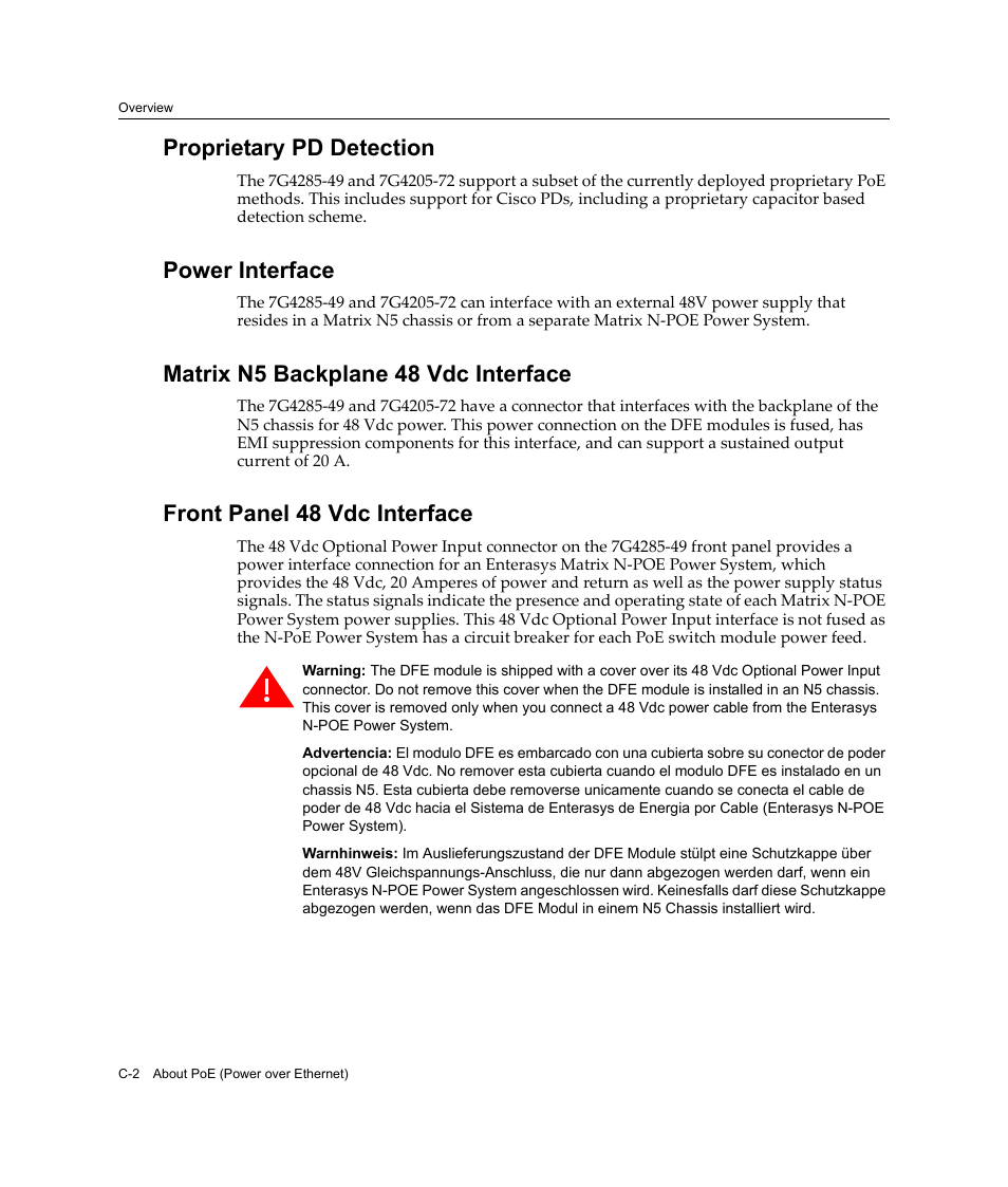 Proprietary pd detection, Power interface, Matrix n5 backplane 48 vdc interface | Front panel 48 vdc interface | Enterasys Networks Enterasys Platinum Distributed Forwarding Engine 7G4285-49 User Manual | Page 92 / 96