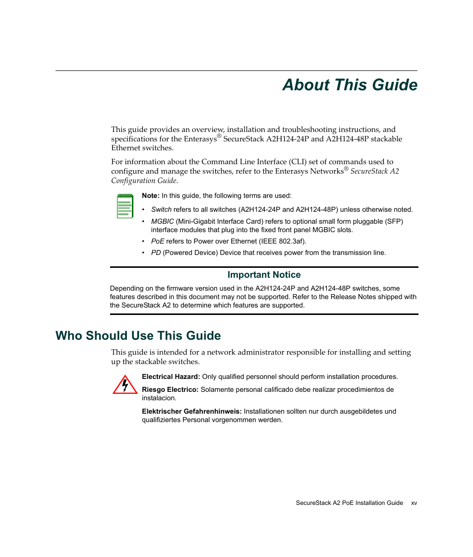 About this guide, Who should use this guide | Enterasys Networks Enterasys SecureStack A2 A2H124-48P User Manual | Page 17 / 82