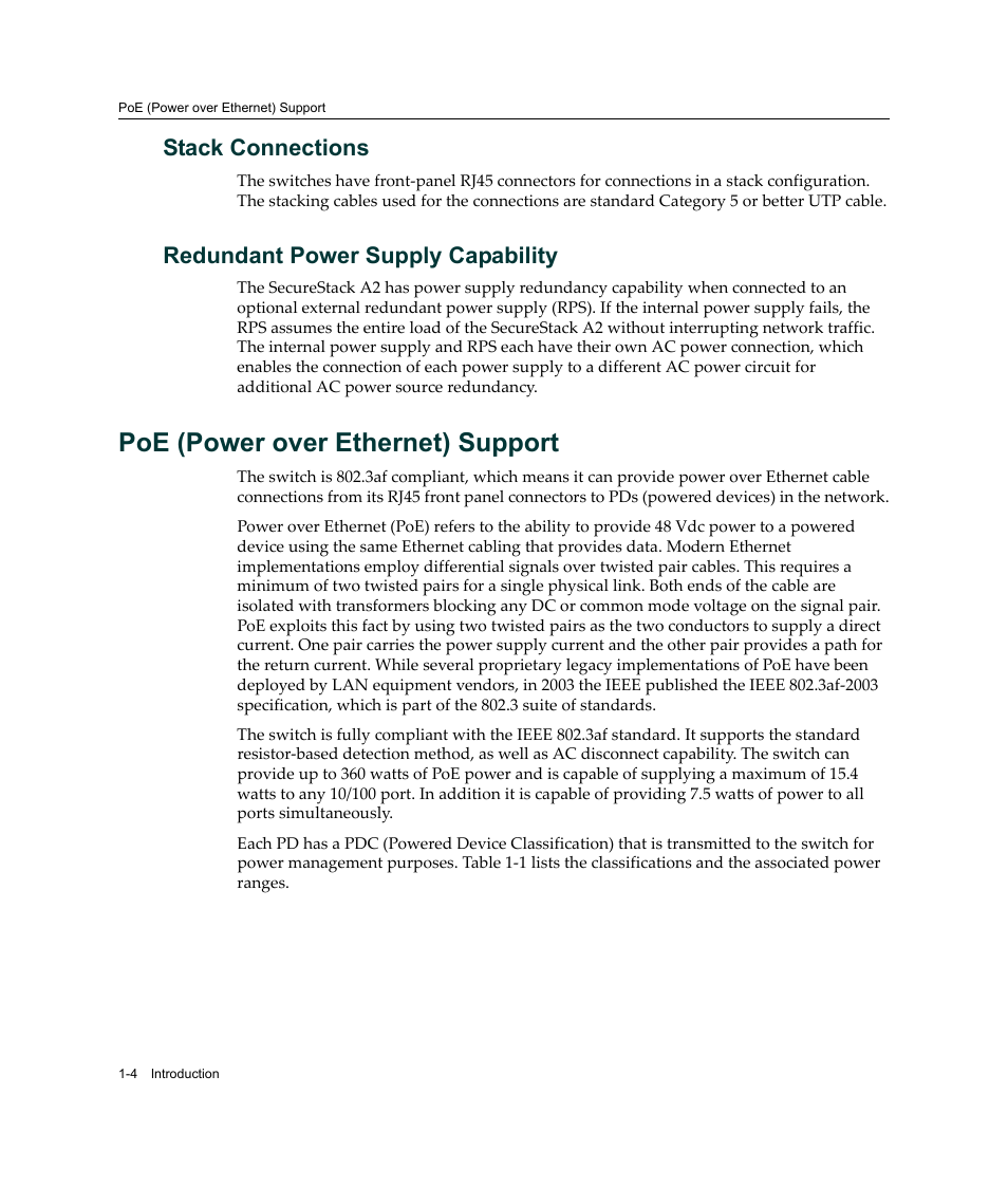 Stack connections, Redundant power supply capability, Poe (power over ethernet) support | Poe (power over ethernet) support -4 | Enterasys Networks Enterasys SecureStack A2 A2H124-48P User Manual | Page 24 / 82