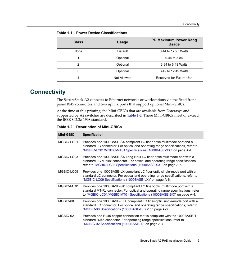 Connectivity, Connectivity -5, Power device classifications -5 | Description of mini-gbics -5 | Enterasys Networks Enterasys SecureStack A2 A2H124-48P User Manual | Page 25 / 82