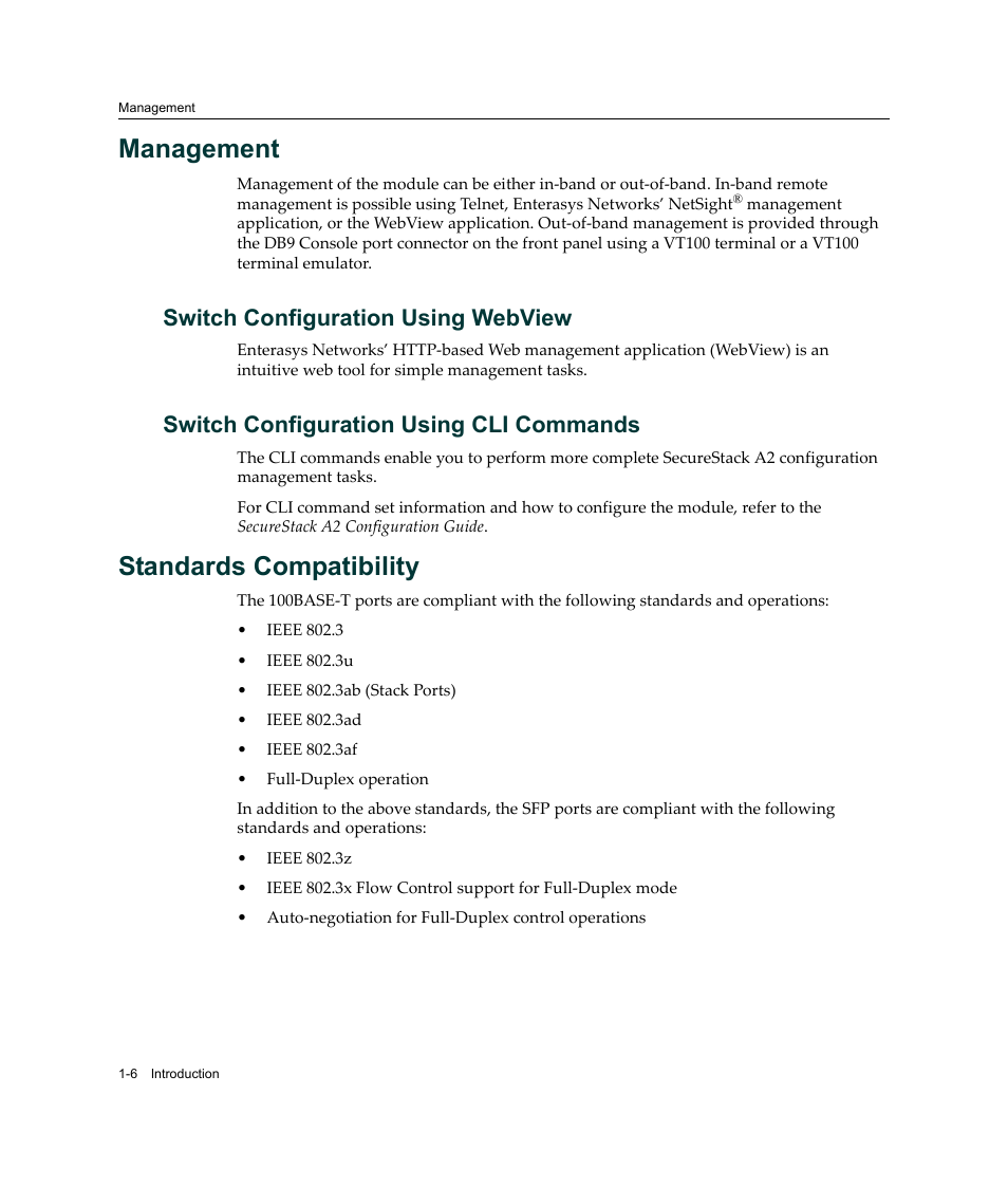 Management, Switch configuration using webview, Switch configuration using cli commands | Standards compatibility, Management -6, Standards compatibility -6 | Enterasys Networks Enterasys SecureStack A2 A2H124-48P User Manual | Page 26 / 82