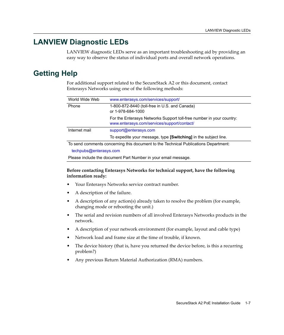 Lanview diagnostic leds, Getting help, Getting help -7 | Enterasys Networks Enterasys SecureStack A2 A2H124-48P User Manual | Page 27 / 82