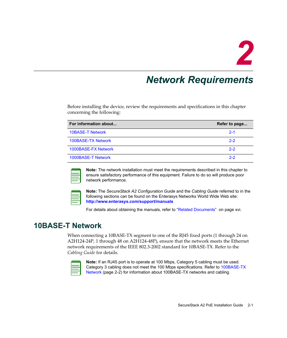 Network requirements, 10base-t network, Chapter 2: network requirements | 10base-t network -1, Hapter 2 | Enterasys Networks Enterasys SecureStack A2 A2H124-48P User Manual | Page 29 / 82