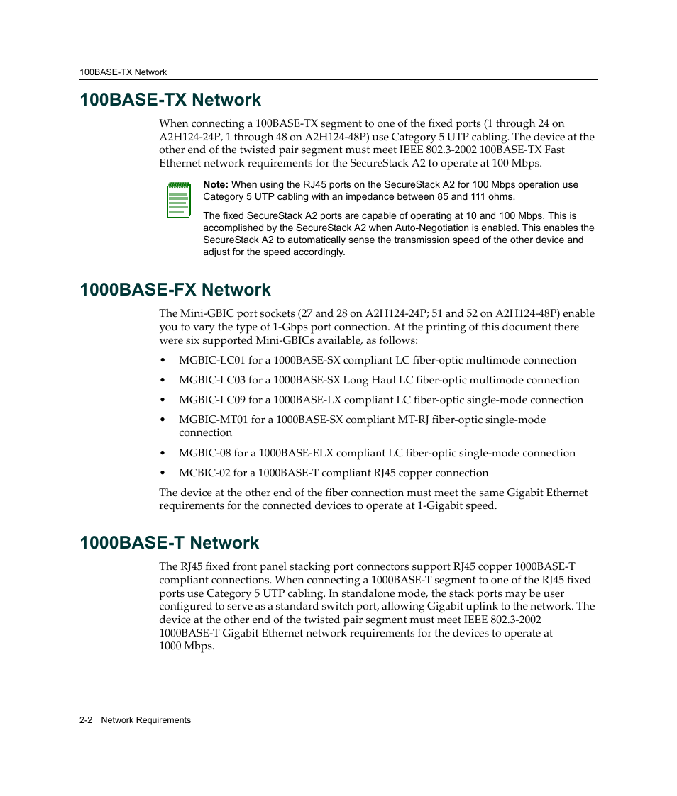 100base-tx network, 1000base-fx network, 1000base-t network | 100base-tx, Network | Enterasys Networks Enterasys SecureStack A2 A2H124-48P User Manual | Page 30 / 82