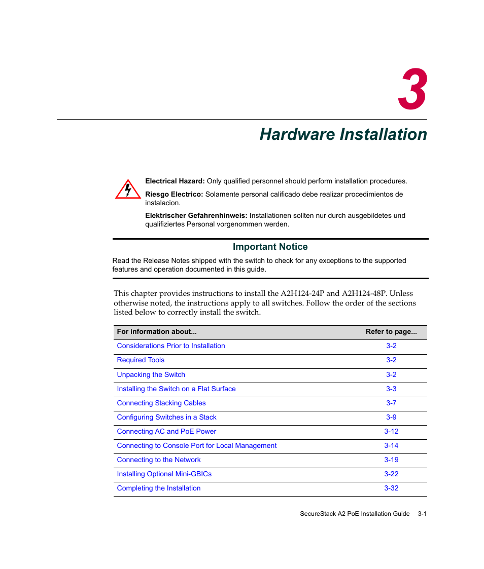 Hardware installation, Chapter 3: hardware installation, Hapter 3 | Enterasys Networks Enterasys SecureStack A2 A2H124-48P User Manual | Page 31 / 82