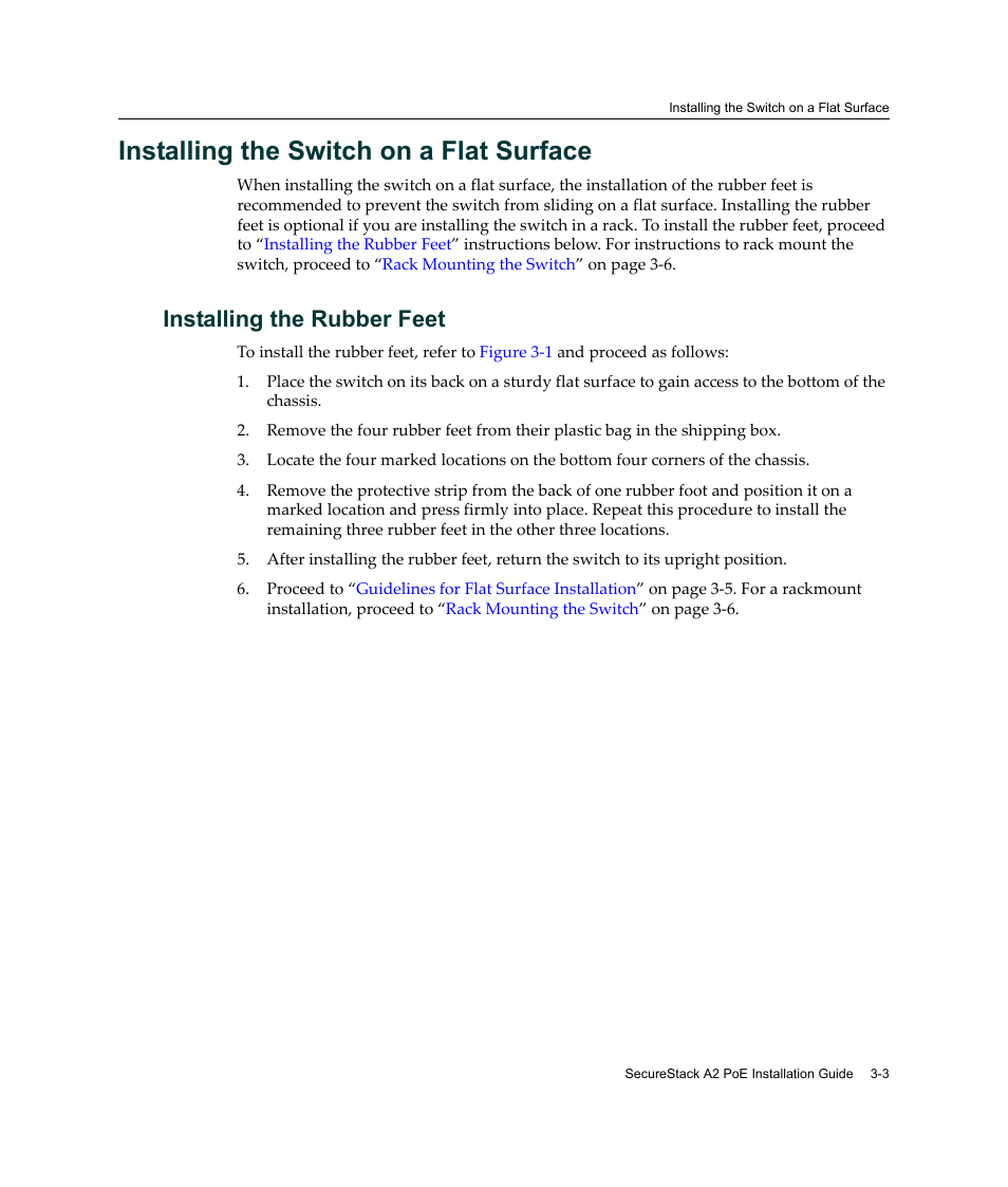 Installing the switch on a flat surface, Installing the rubber feet, Installing the switch on a flat surface -3 | Installing the rubber feet -3 | Enterasys Networks Enterasys SecureStack A2 A2H124-48P User Manual | Page 33 / 82