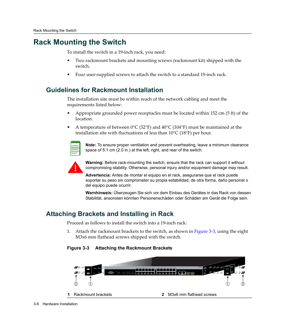 Rack mounting the switch, Guidelines for rackmount installation, Attaching brackets and installing in rack | Rack mounting the switch -6, Attaching the rackmount brackets -6, Ба б а | Enterasys Networks Enterasys SecureStack A2 A2H124-48P User Manual | Page 36 / 82