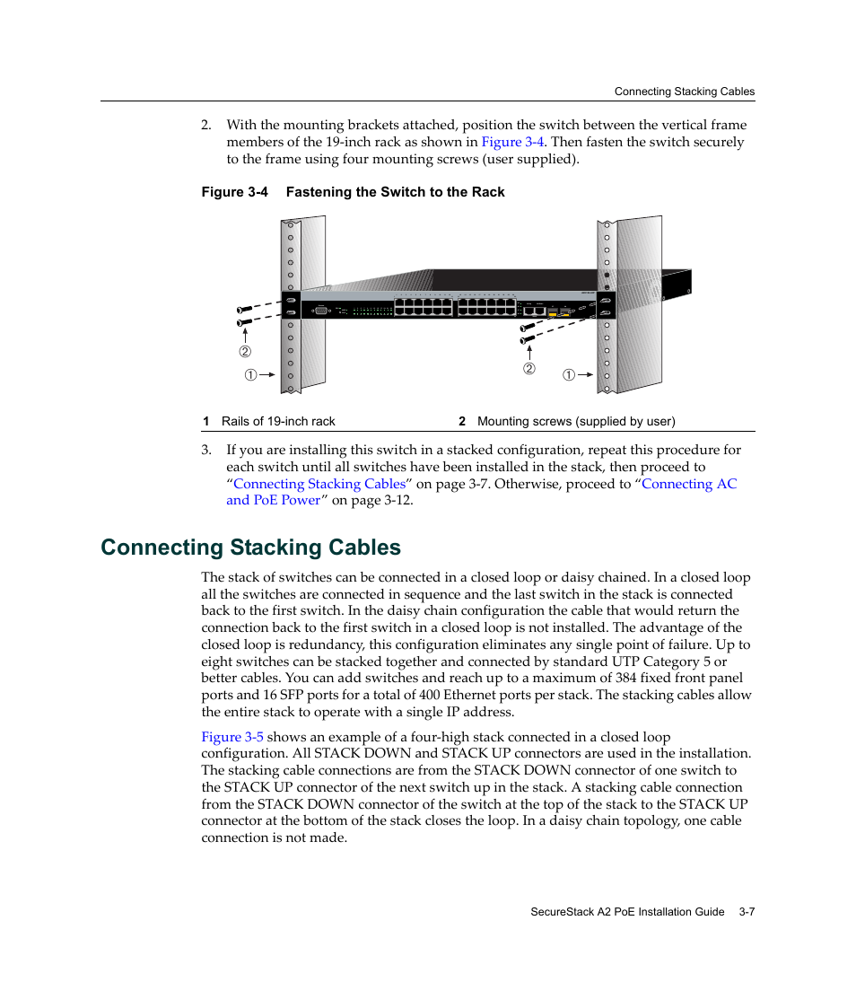 Connecting stacking cables, Connecting stacking cables -7, Fastening the switch to the rack -7 | Ба б а | Enterasys Networks Enterasys SecureStack A2 A2H124-48P User Manual | Page 37 / 82