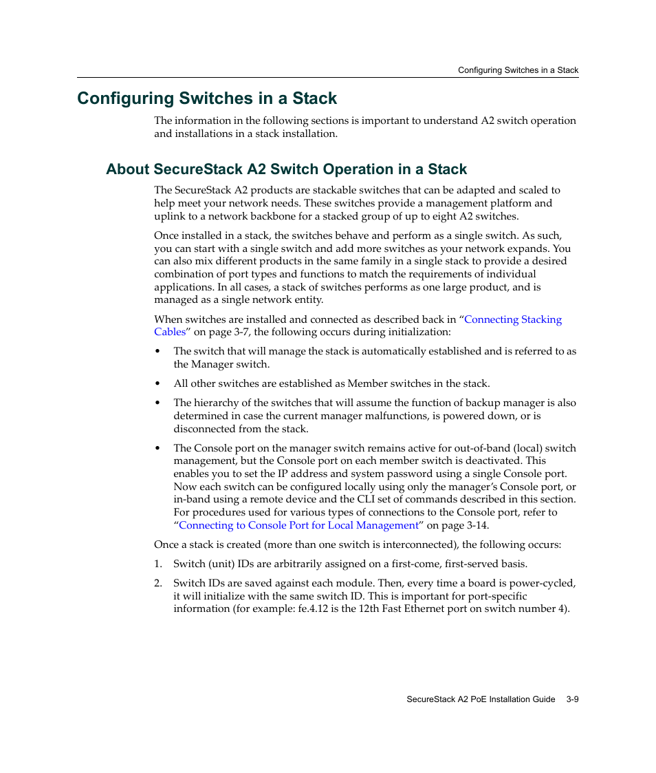 Configuring switches in a stack, About securestack a2 switch operation in a stack, Configuring switches in a stack -9 | Configuring switches in a, Stack | Enterasys Networks Enterasys SecureStack A2 A2H124-48P User Manual | Page 39 / 82