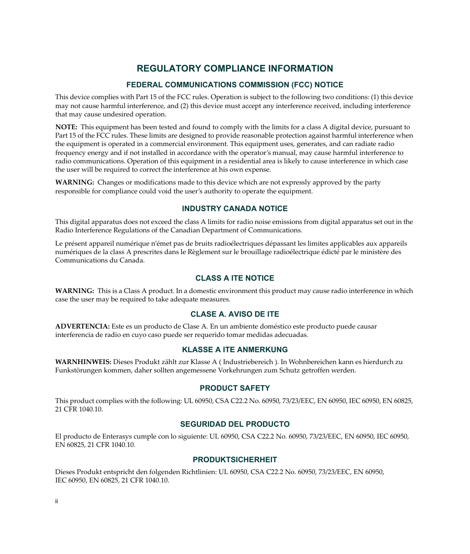 Regulatory compliance information | Enterasys Networks Enterasys SecureStack A2 A2H124-48P User Manual | Page 4 / 82