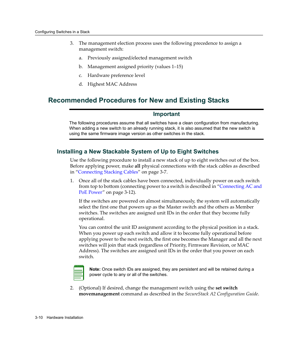 Recommended procedures for new and existing stacks | Enterasys Networks Enterasys SecureStack A2 A2H124-48P User Manual | Page 40 / 82