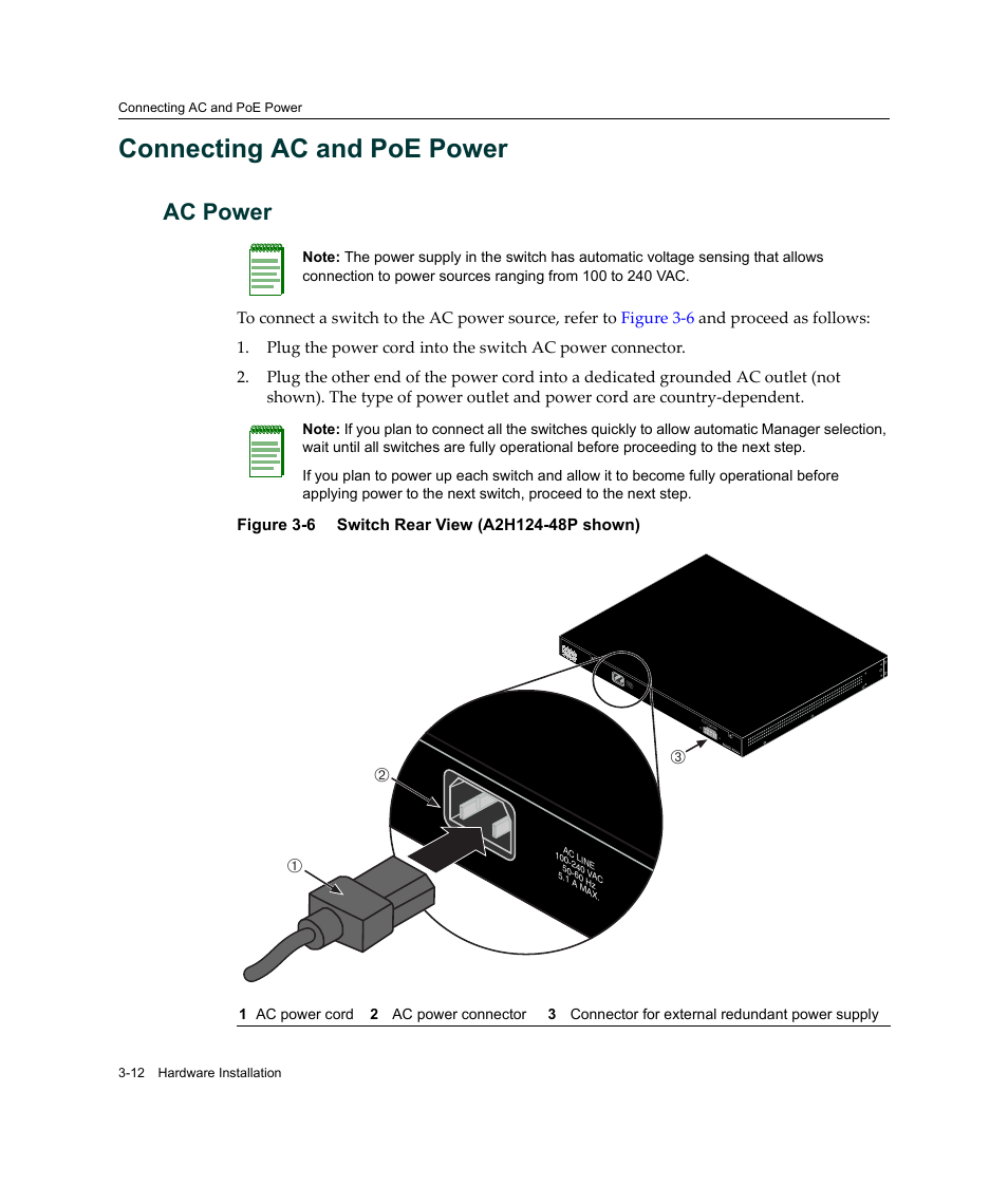 Connecting ac and poe power, Ac power, Connecting ac and poe power -12 | Ac power -12, Switch rear view (a2, H124-48p shown) -12, Connecting, Ac and poe power, Connecting ac, And poe power | Enterasys Networks Enterasys SecureStack A2 A2H124-48P User Manual | Page 42 / 82