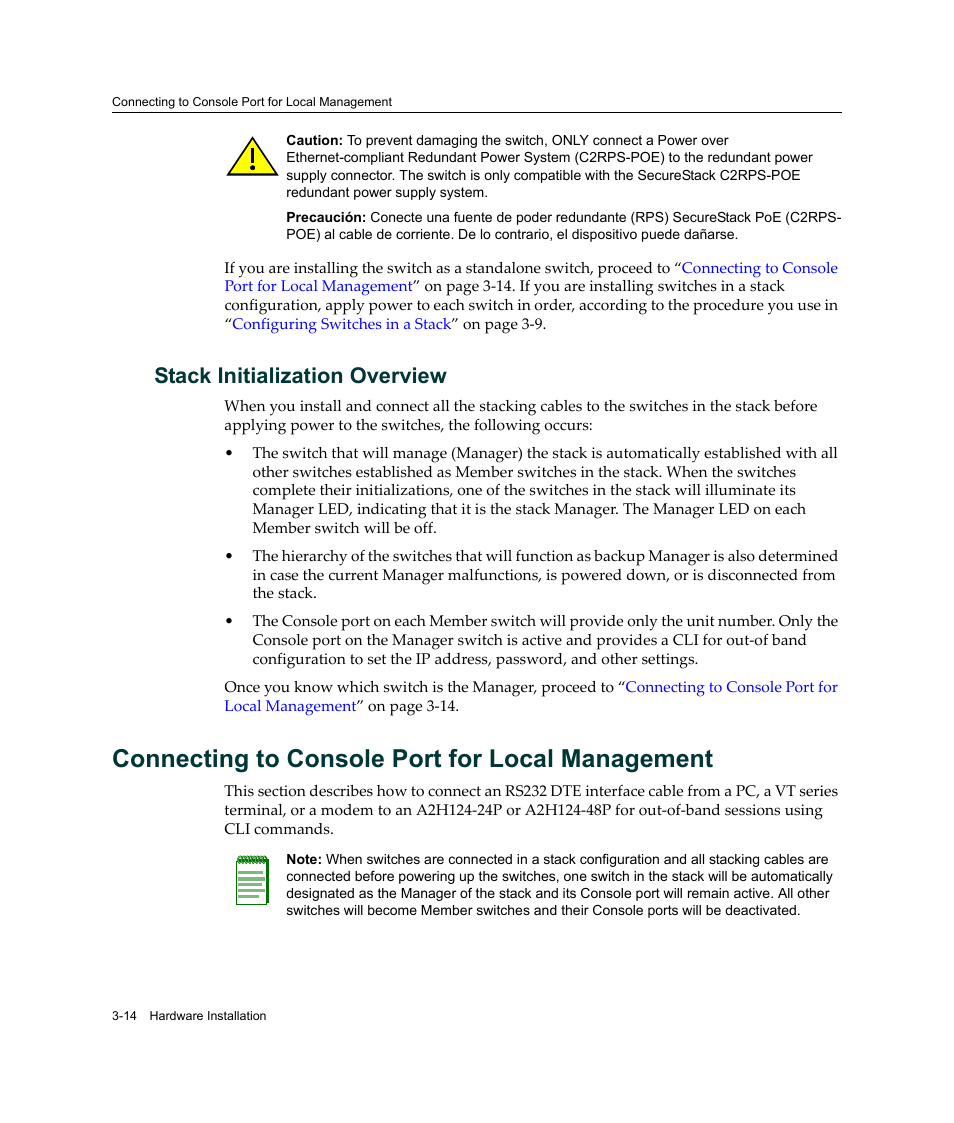 Stack initialization overview, Connecting to console port for local management, Stack initialization overview -14 | Enterasys Networks Enterasys SecureStack A2 A2H124-48P User Manual | Page 44 / 82