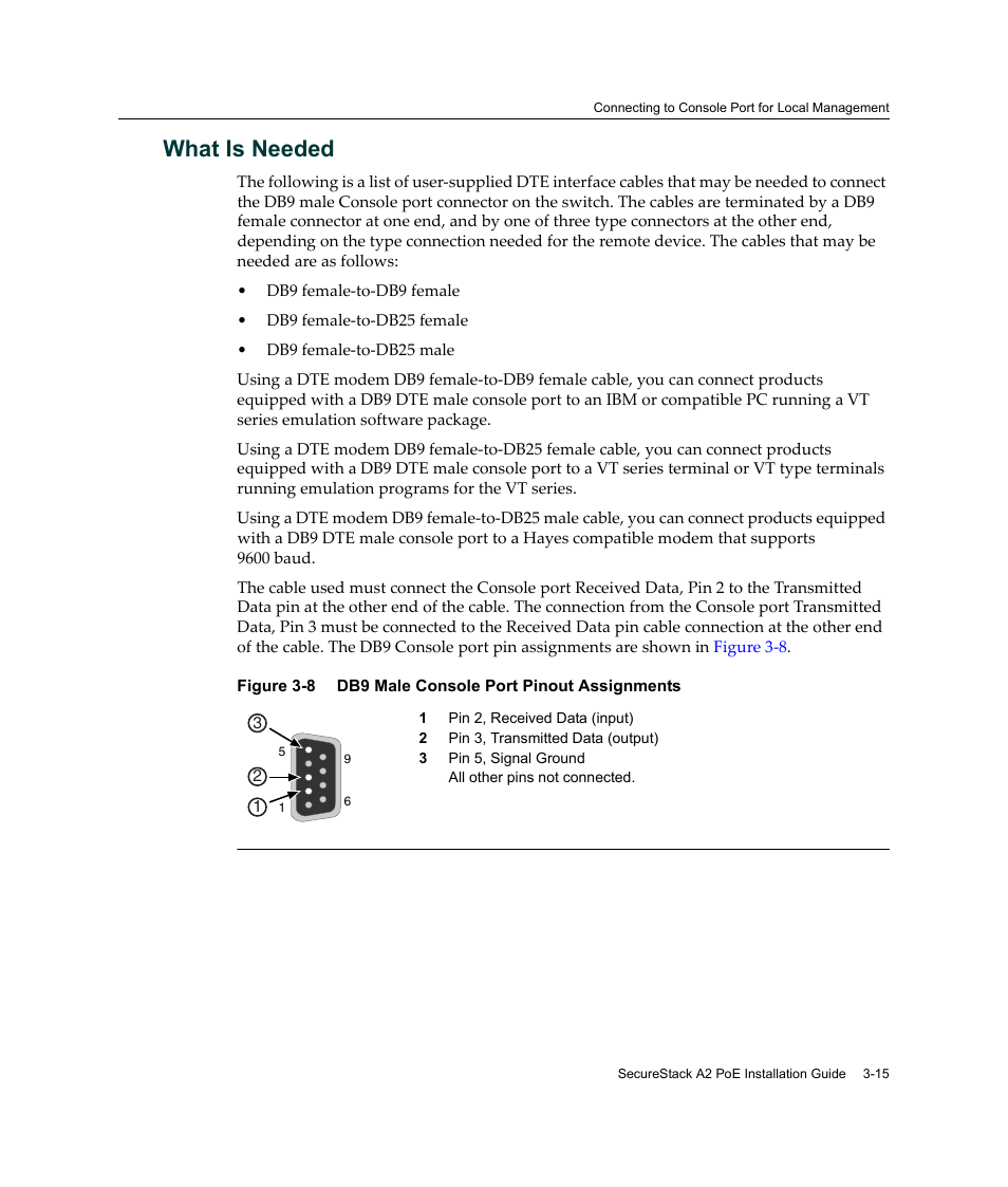 What is needed, What is needed -15, Db9 male console port pinout assignments -15 | Enterasys Networks Enterasys SecureStack A2 A2H124-48P User Manual | Page 45 / 82