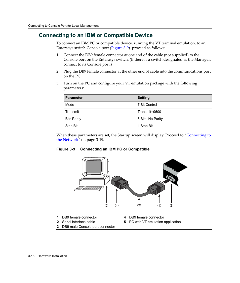 Connecting to an ibm or compatible device, Connecting to an ibm or compatible device -16, Connecting an ibm pc or compatible -16 | Enterasys Networks Enterasys SecureStack A2 A2H124-48P User Manual | Page 46 / 82