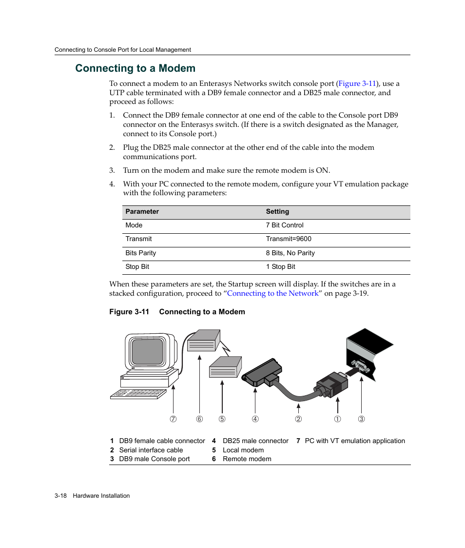 Connecting to a modem, Connecting to a modem -18 | Enterasys Networks Enterasys SecureStack A2 A2H124-48P User Manual | Page 48 / 82