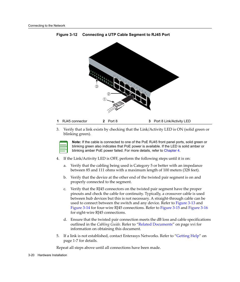 Connecting a utp cable segment to rj45 port -20, Figure 3‐12, Аб в | Enterasys Networks Enterasys SecureStack A2 A2H124-48P User Manual | Page 50 / 82