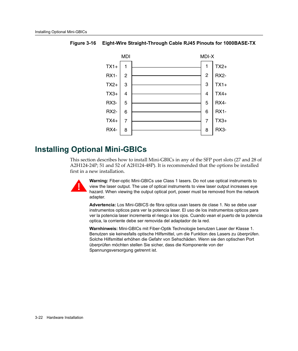 Installing optional mini-gbics, Installing optional mini-gbics -22, Figure 3‐16 | Enterasys Networks Enterasys SecureStack A2 A2H124-48P User Manual | Page 52 / 82