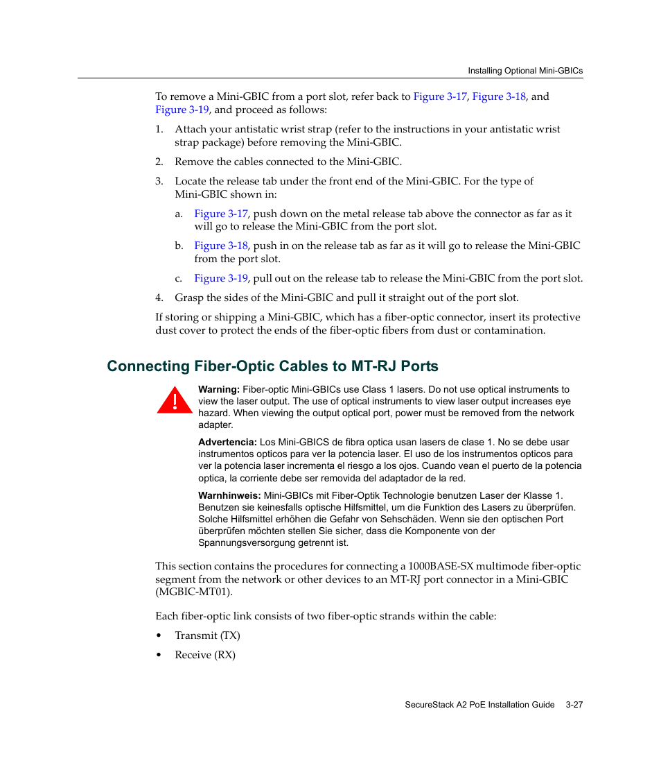 Connecting fiber-optic cables to mt-rj ports, Connecting fiber-optic cables to mt-rj ports -27, Connecting fiber‐optic cables to mt‐rj ports | Enterasys Networks Enterasys SecureStack A2 A2H124-48P User Manual | Page 57 / 82