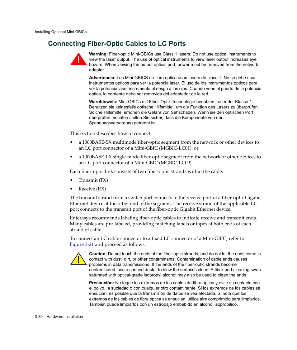 Connecting fiber-optic cables to lc ports, Connecting fiber-optic cables to lc ports -30, Connecting fiber‐optic cables to lc ports | Enterasys Networks Enterasys SecureStack A2 A2H124-48P User Manual | Page 60 / 82