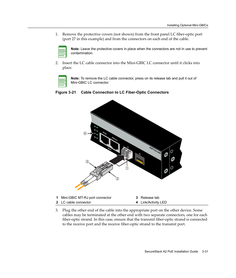 Cable connection to lc fiber-optic connectors -31, Га в б | Enterasys Networks Enterasys SecureStack A2 A2H124-48P User Manual | Page 61 / 82