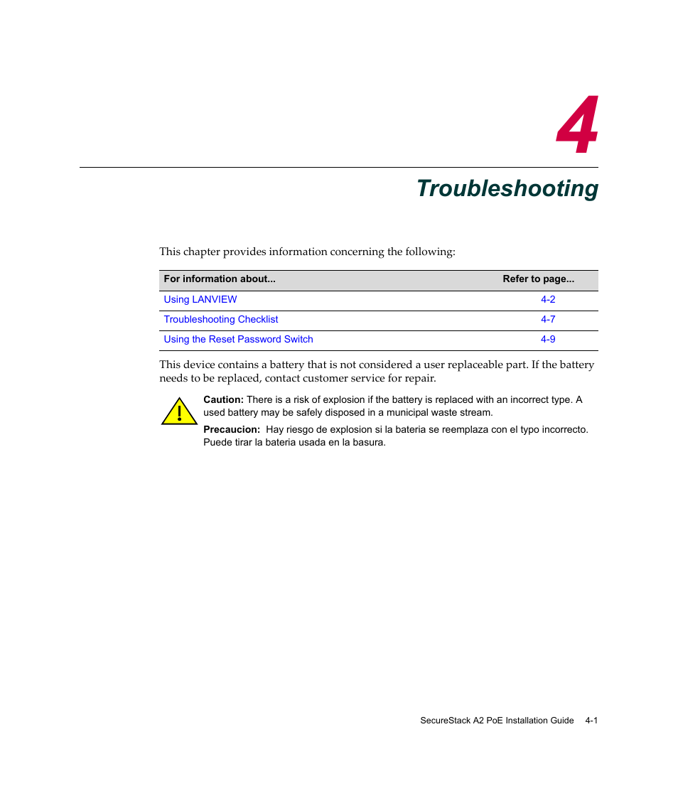 Troubleshooting, Chapter 4: troubleshooting, Hapter 4 | Chapter 4 | Enterasys Networks Enterasys SecureStack A2 A2H124-48P User Manual | Page 63 / 82