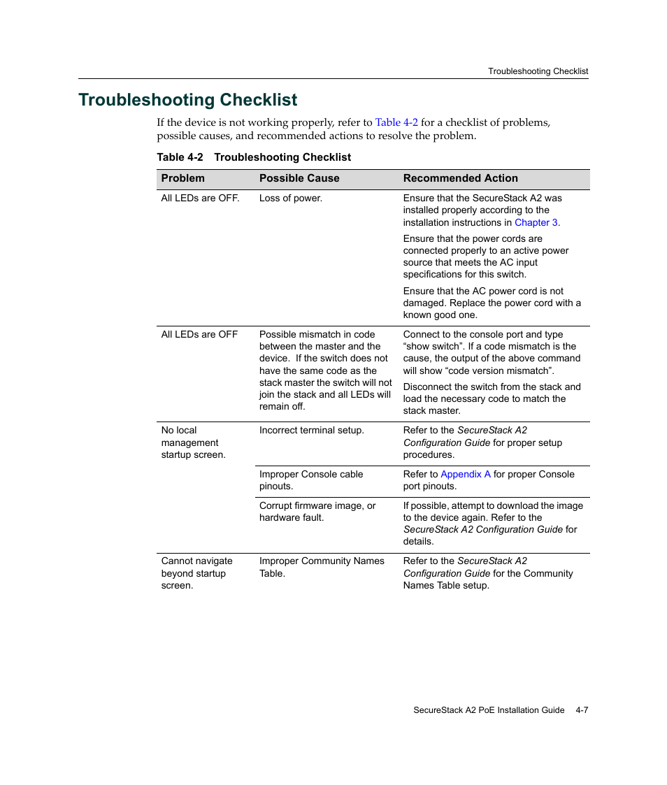 Troubleshooting checklist, Troubleshooting checklist -7 | Enterasys Networks Enterasys SecureStack A2 A2H124-48P User Manual | Page 69 / 82