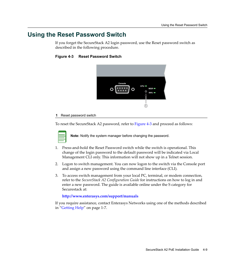 Using the reset password switch, Using the reset password switch -9, Reset password switch -9 | Enterasys Networks Enterasys SecureStack A2 A2H124-48P User Manual | Page 71 / 82