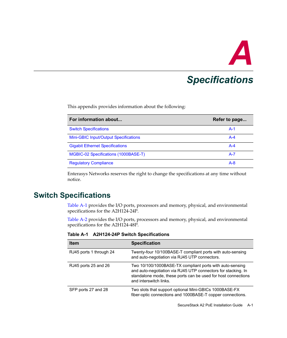 Specifications, Switch specifications, Appendix a: specifications | Appendix a | Enterasys Networks Enterasys SecureStack A2 A2H124-48P User Manual | Page 73 / 82