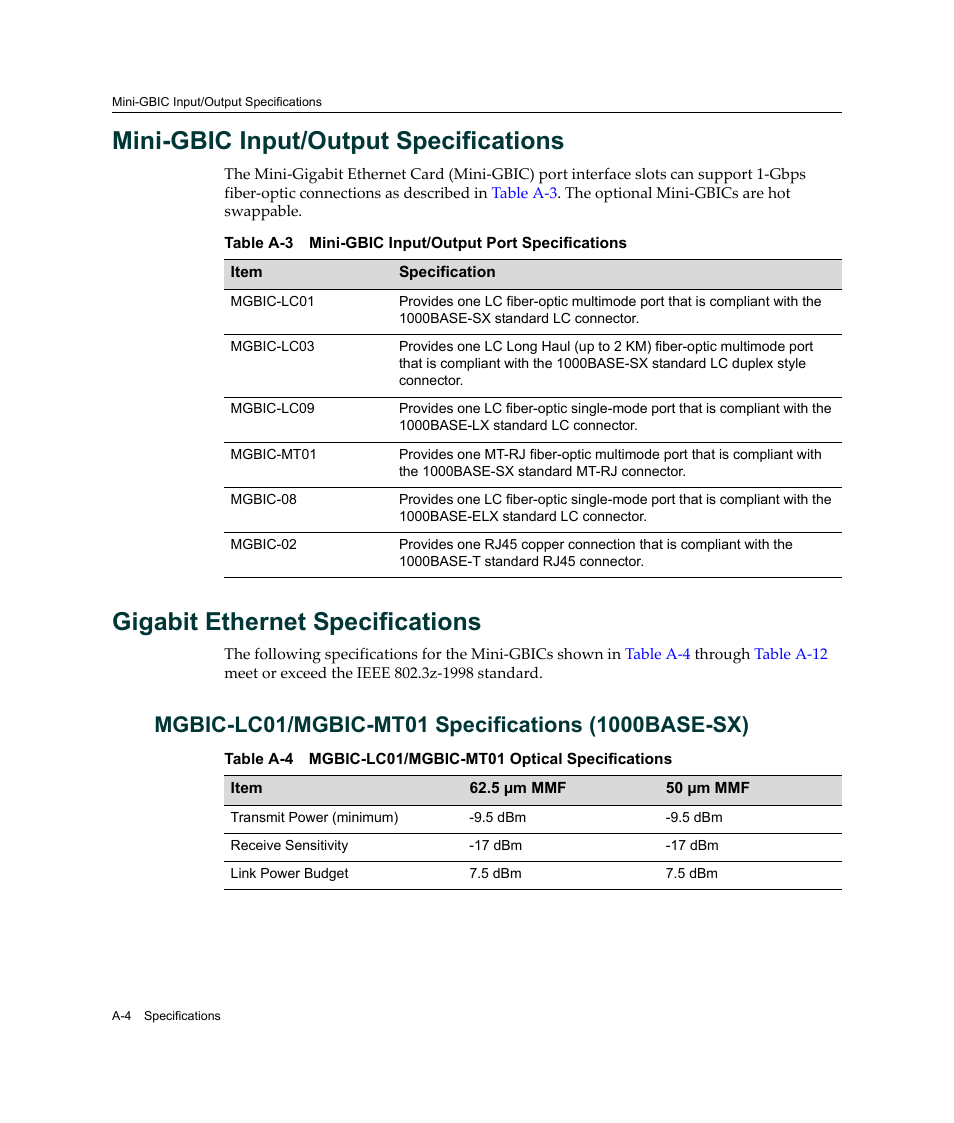 Mini-gbic input/output specifications, Gigabit ethernet specifications, Mgbic-lc01/mgbic-mt01 specifications (1000base-sx) | Enterasys Networks Enterasys SecureStack A2 A2H124-48P User Manual | Page 76 / 82