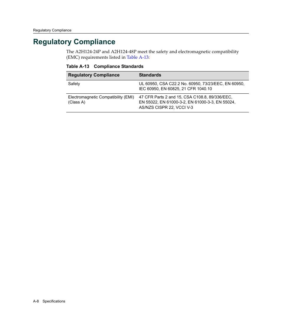 Regulatory compliance, A-13 | Enterasys Networks Enterasys SecureStack A2 A2H124-48P User Manual | Page 80 / 82