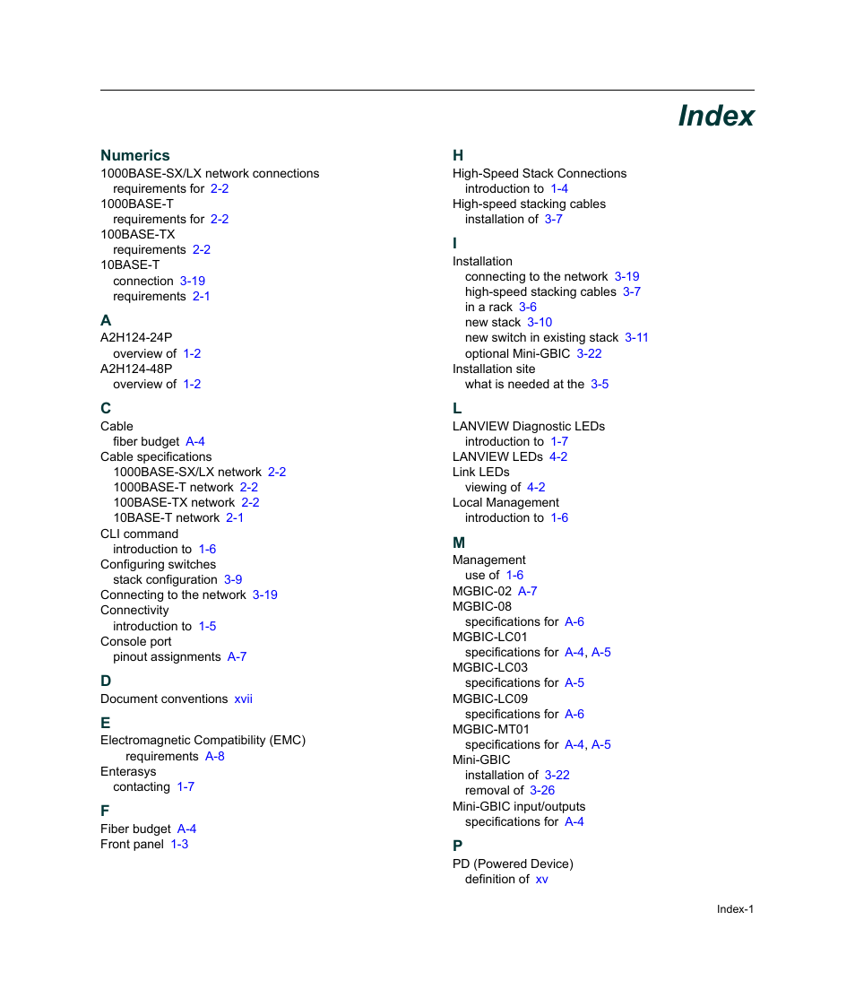 Index, Numerics | Enterasys Networks Enterasys SecureStack A2 A2H124-48P User Manual | Page 81 / 82