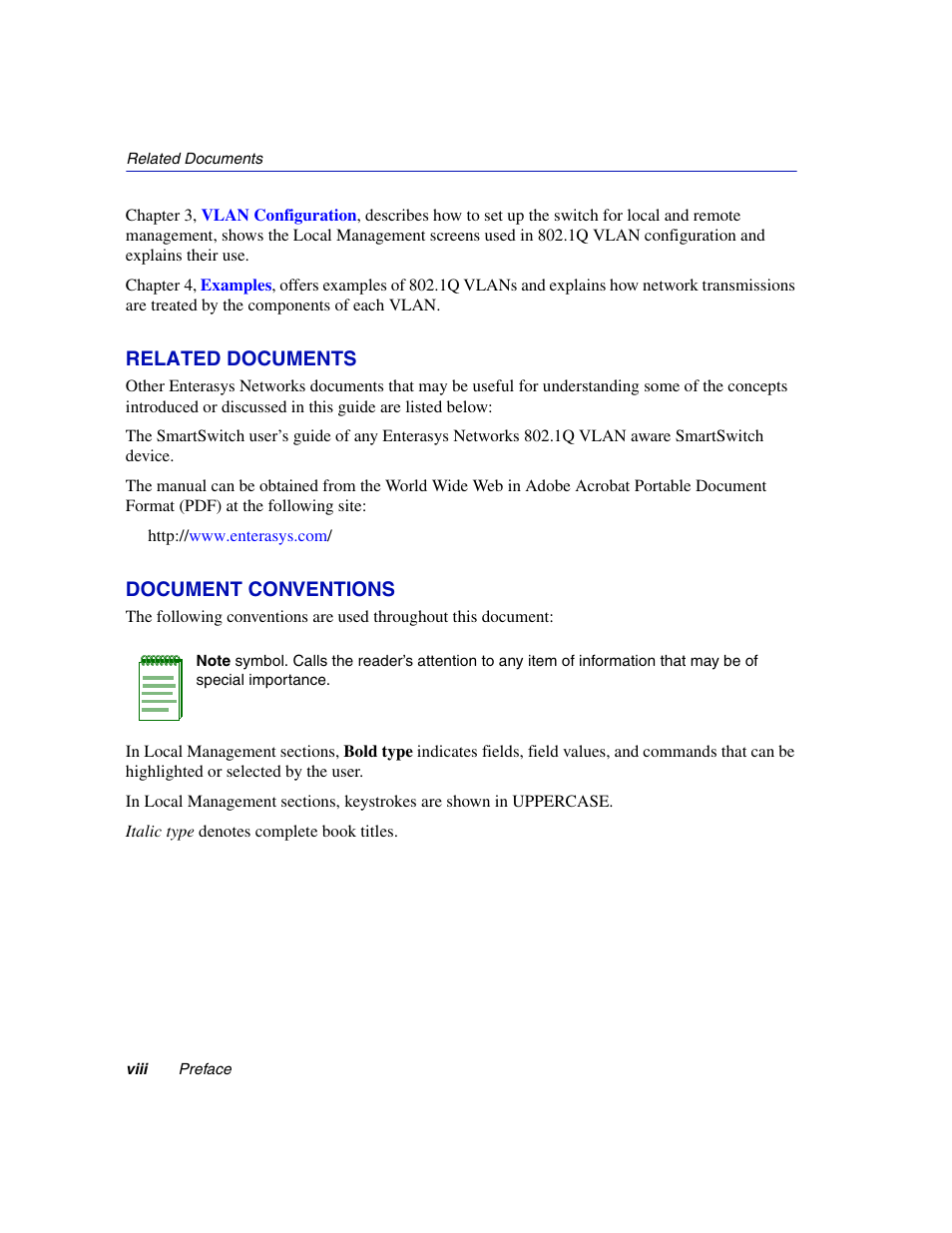 Related documents, Document conventions | Enterasys Networks 802.1Q User Manual | Page 10 / 82