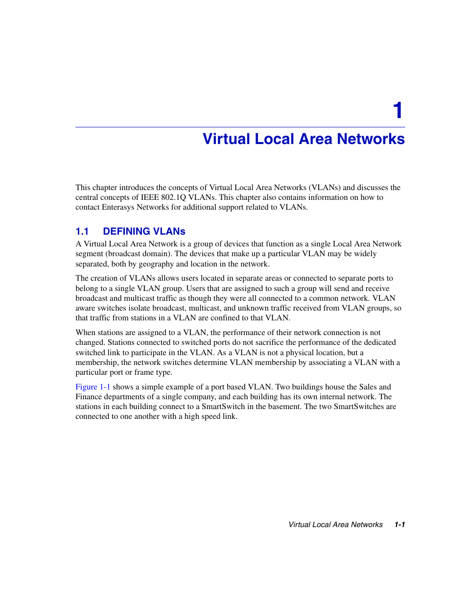 Virtual local area networks, 1 defining vlans, Defining vlans -1 | Types of vlans -2 | Enterasys Networks 802.1Q User Manual | Page 11 / 82