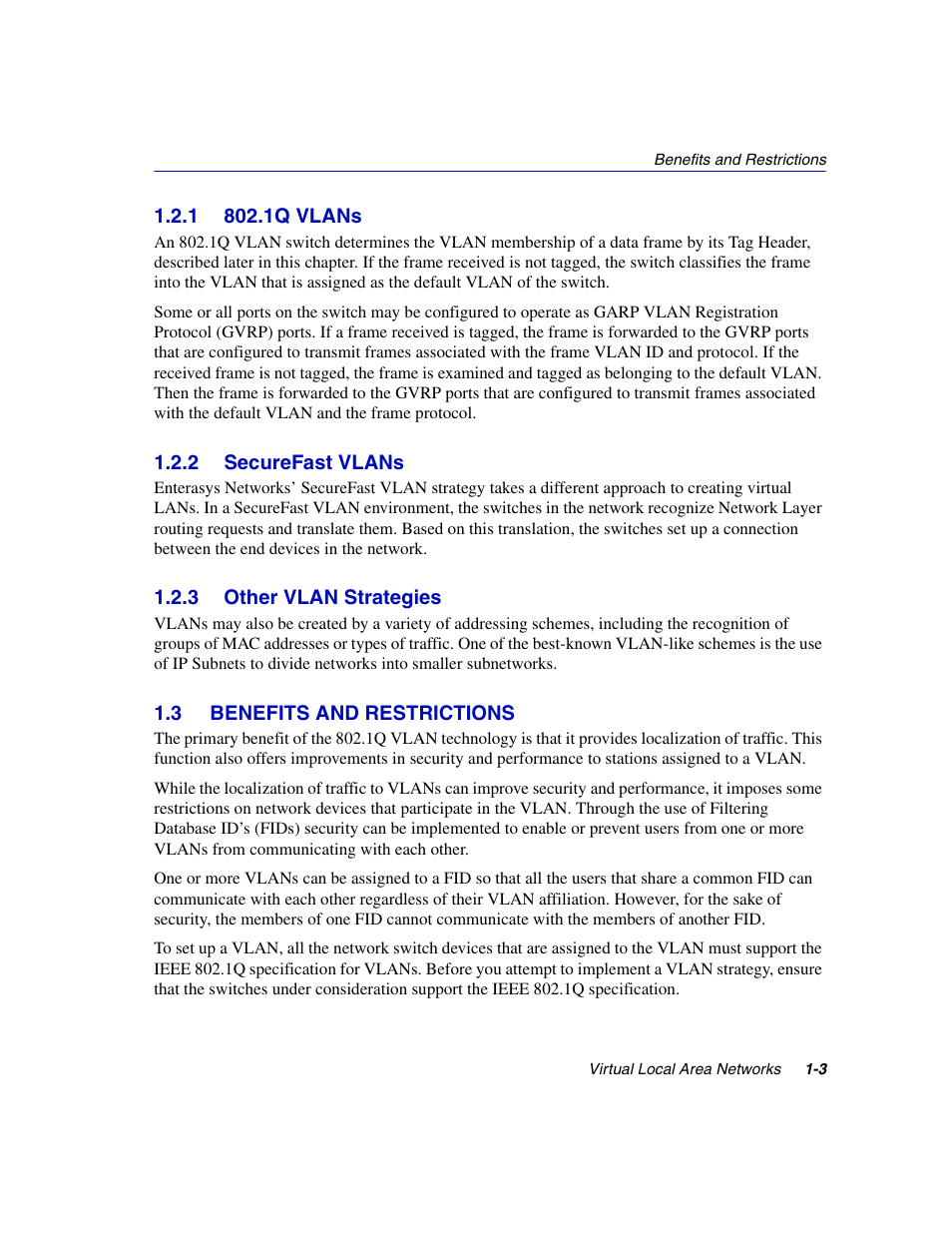 1 802.1q vlans, 2 securefast vlans, 3 other vlan strategies | 3 benefits and restrictions, 1q vlans -3, Securefast vlans -3, Other vlan strategies -3, Benefits and restrictions -3 | Enterasys Networks 802.1Q User Manual | Page 13 / 82