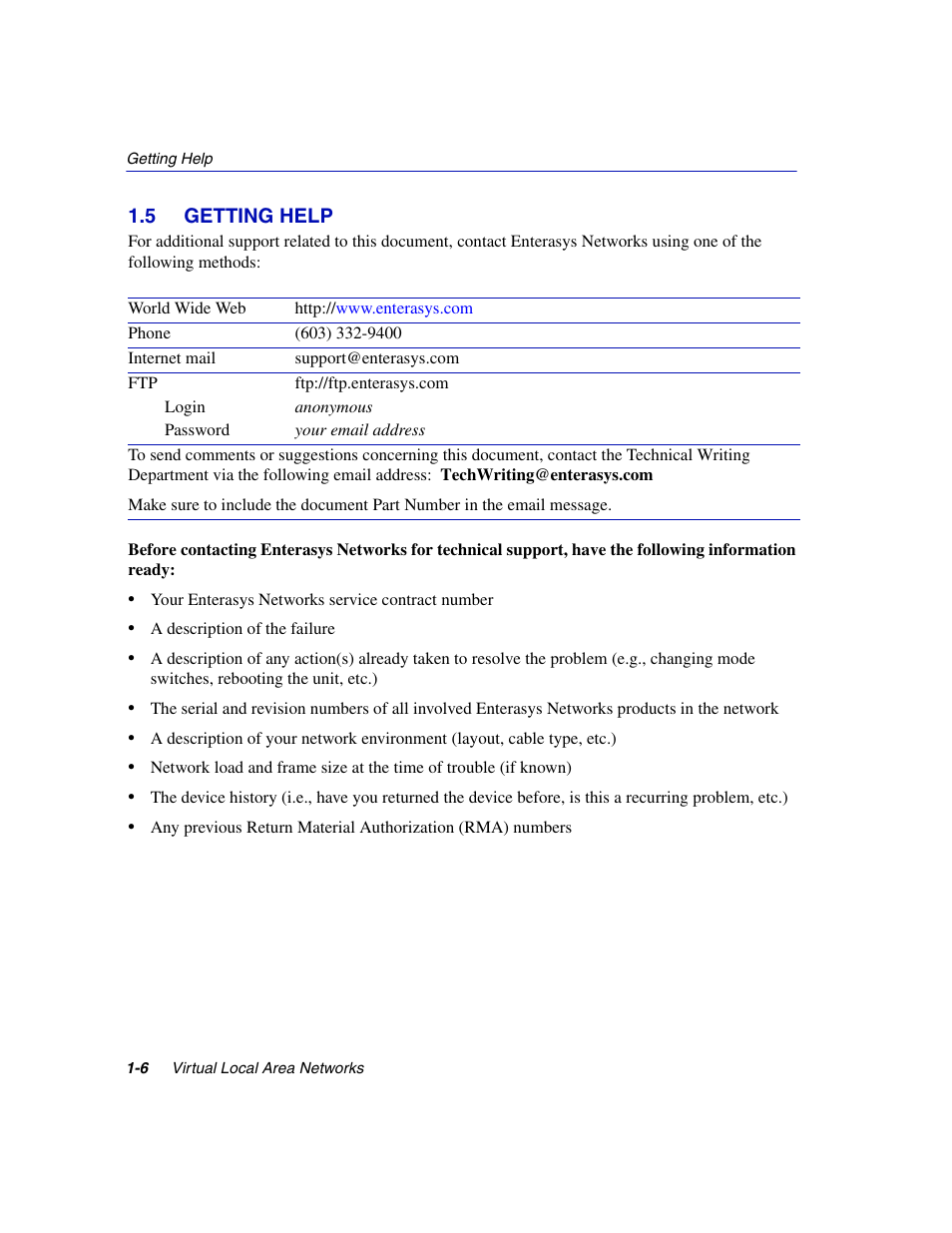 5 getting help, Getting help -6 | Enterasys Networks 802.1Q User Manual | Page 16 / 82