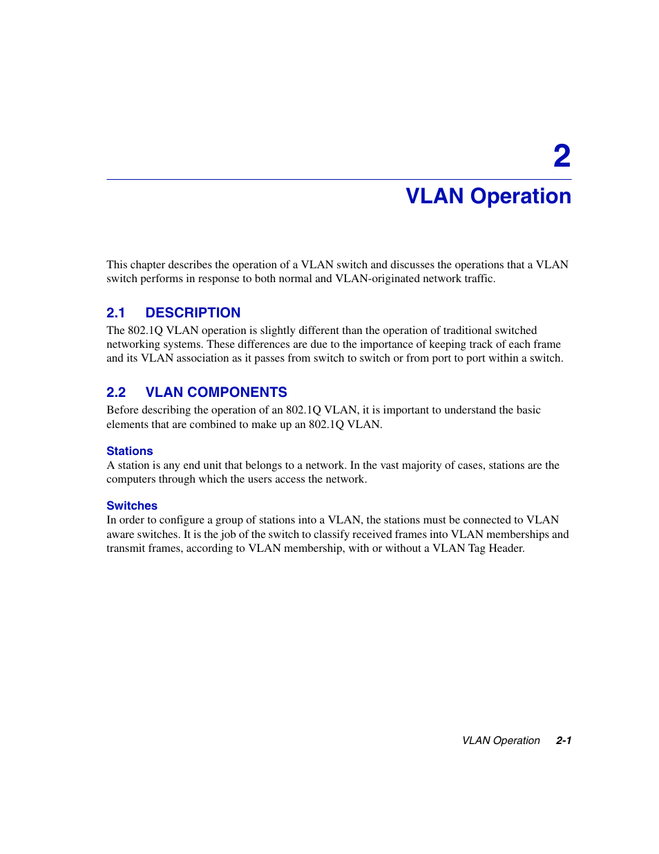 Vlan operation, 1 description, 2 vlan components | Description -1, Vlan components -1 | Enterasys Networks 802.1Q User Manual | Page 17 / 82