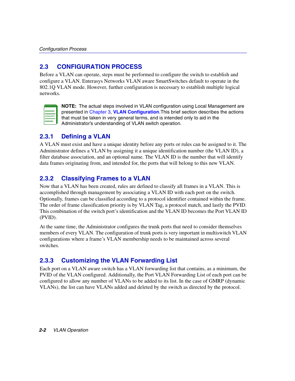 3 configuration process, 1 defining a vlan, 2 classifying frames to a vlan | 3 customizing the vlan forwarding list, Configuration process -2 2.3.1, Defining a vlan -2, Classifying frames to a vlan -2, Customizing the vlan forwarding list -2 | Enterasys Networks 802.1Q User Manual | Page 18 / 82