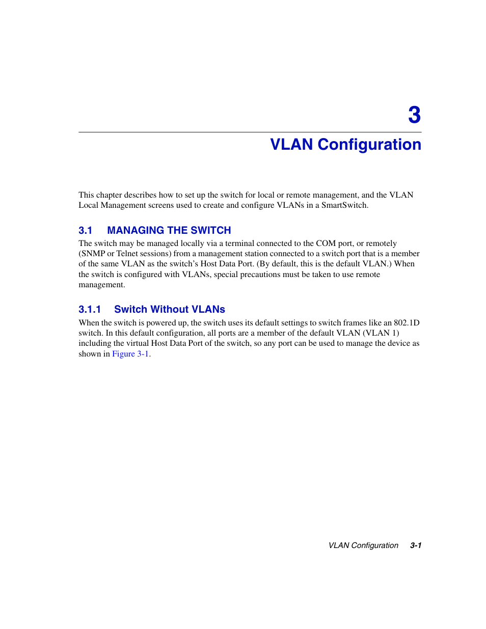 Vlan configuration, 1 managing the switch, 1 switch without vlans | Managing the switch -1 3.1.1, Switch without vlans -1, D in, Chapter 3 | Enterasys Networks 802.1Q User Manual | Page 23 / 82