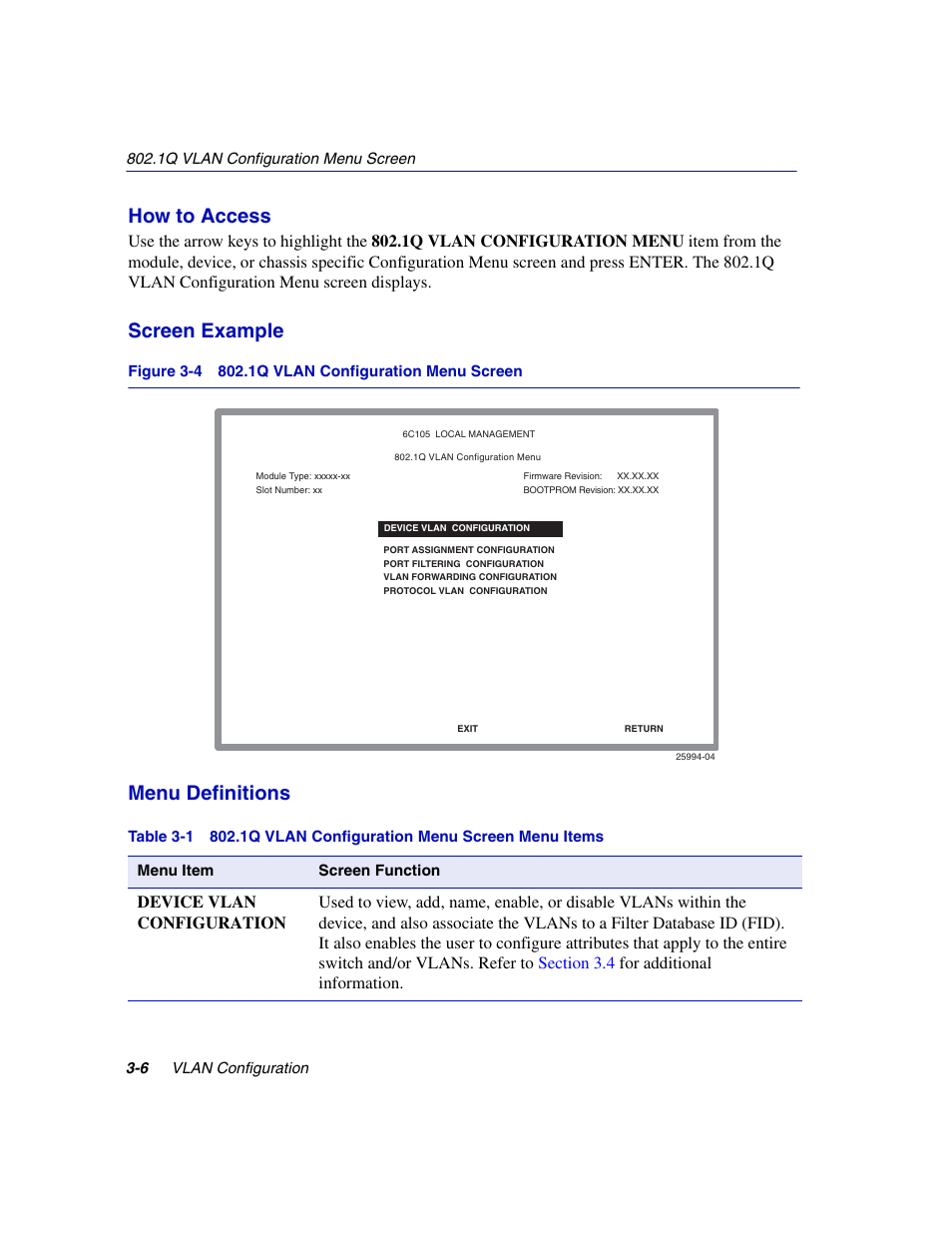 1q vlan configuration menu screen, Tables, 1q vlan configuration menu screen menu items | How to access, Screen example, Menu definitions | Enterasys Networks 802.1Q User Manual | Page 28 / 82