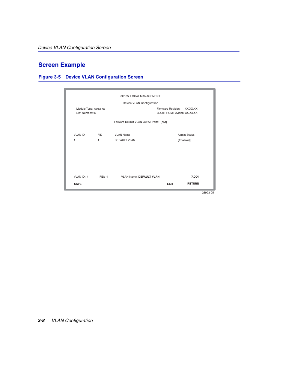 Device vlan configuration screen, Screen example, Figure 3-5 device vlan configuration screen | Enterasys Networks 802.1Q User Manual | Page 30 / 82