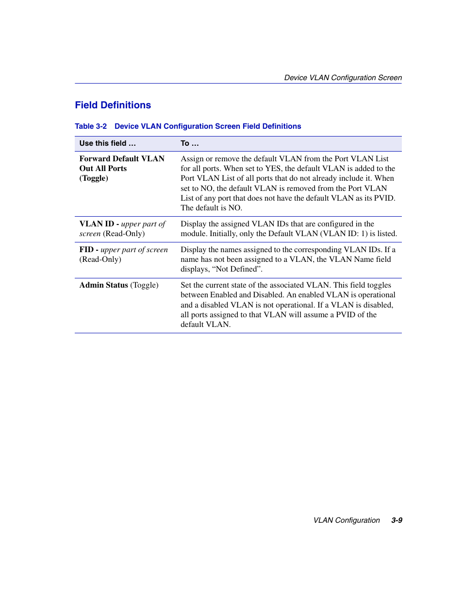 Device vlan configuration screen field definitions, Field definitions | Enterasys Networks 802.1Q User Manual | Page 31 / 82