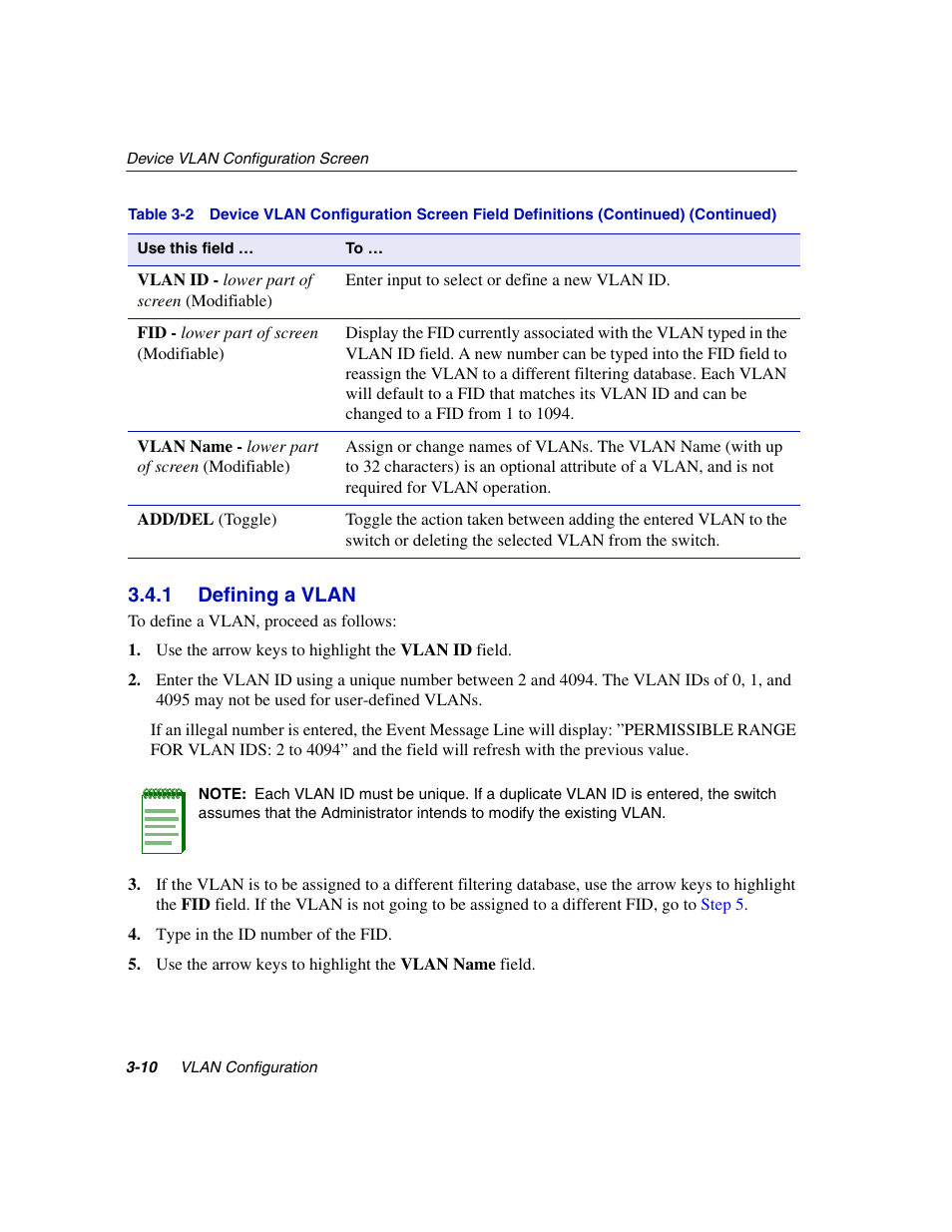 1 defining a vlan, Defining a vlan -10, Ning a vlan, refer to | Section 3.4.1 | Enterasys Networks 802.1Q User Manual | Page 32 / 82